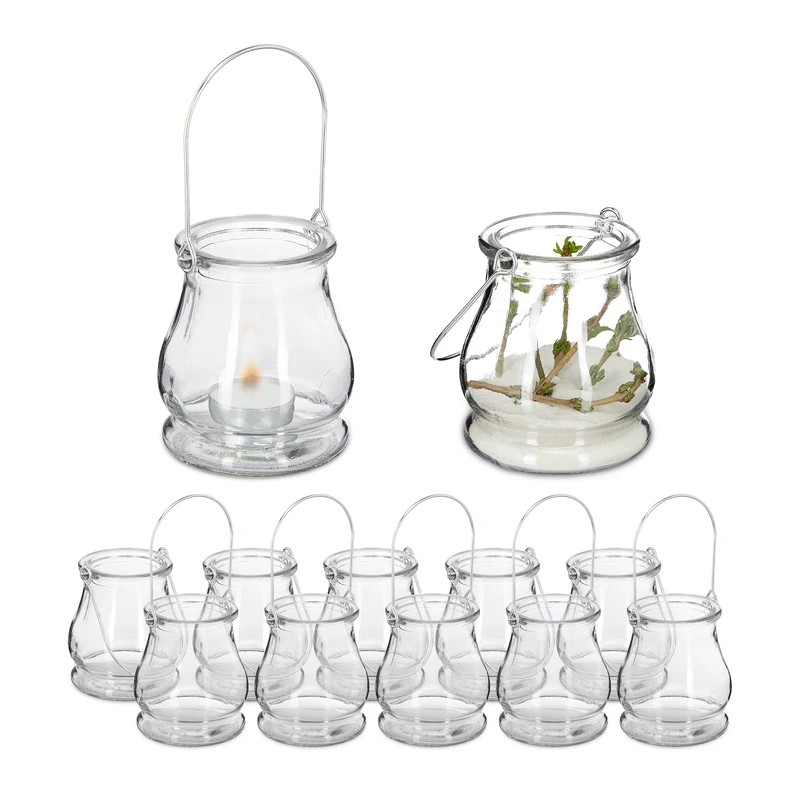 Relaxdays Lanterns Set of 12, Decorative Candle Holders for Outdoors & Indoors, H x D: 10 x 8,5 cm, Glass, Transparent