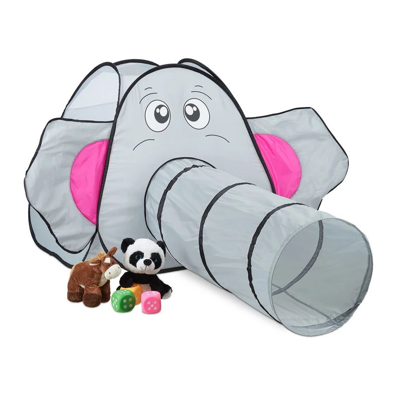 Relaxdays Children's Play Tent, Pop-up, Elephant Design, Crawling Tunnel, Indoor & Outdoor, HxWxD: 92 x 155 x 200 cm