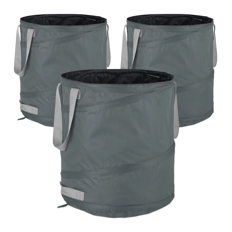 Relaxdays Pop-Up Garden Waste Bags, Set of 3, 85 L, Outdoor Refuse Sacks, 3 Handles, UV-Resistant, Waterproof, Grey