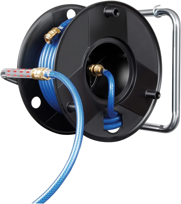 Anti Twist Hose Reel with Hose for Compressed Air 20 Meters | Made in Austria | Brennenstuhl 1127010010 | Hose 20 m, Ø-6/12 mm | Robust Hose Reel with Wall Mount Brackets, Black/Blue