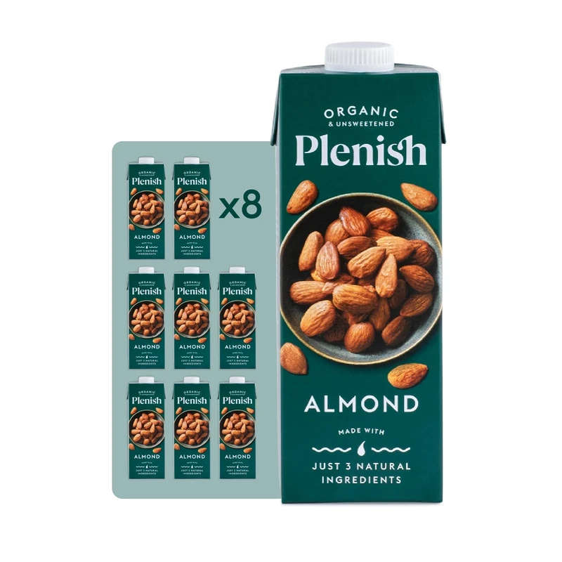 Plenish Unsweetened Organic Almond Milk 1L (Pack of 8)