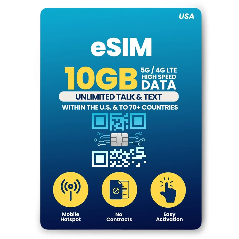 H2O Wireless 120-Day USA eSIM, Prepaid eSIM Card with 10GB High-Speed 4G LTE/5G Data & 5GB Mobile Hotspot, Unlimited Data, Talk & Text to 70+ Countries, US Mobile SIM Card for Cell Phones