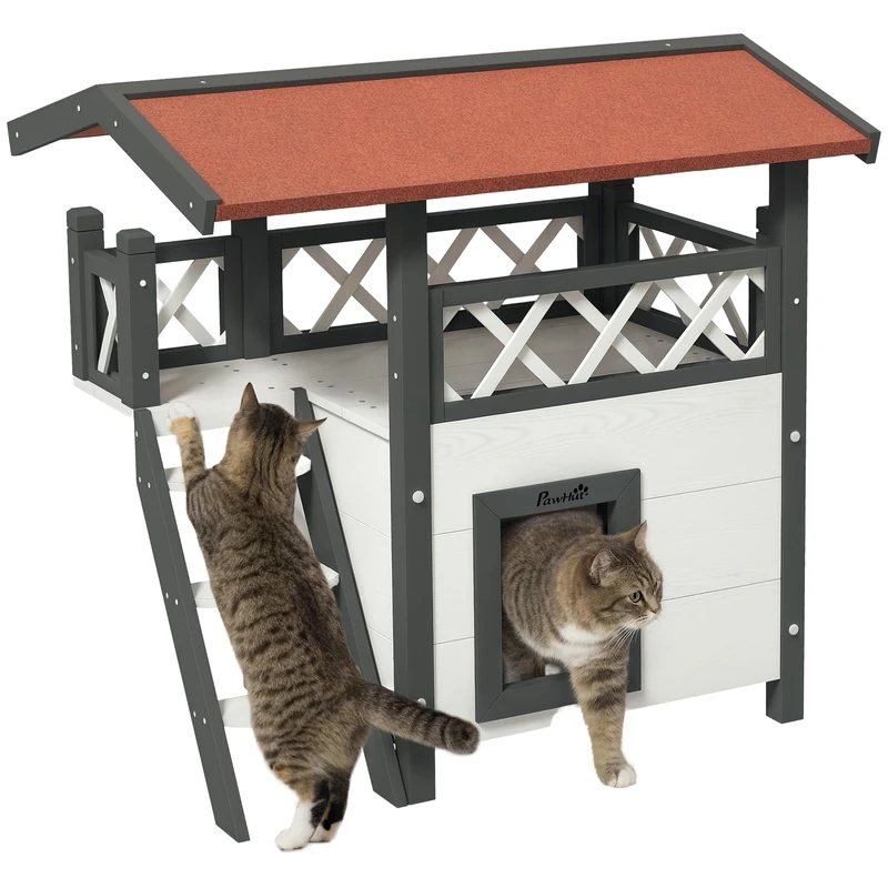 PawHut Outdoor Cat House Kitten Shelter Puppy Kennel with Balcony Stairs Asphalt Roof, 77 x 50 x 73 cm, White