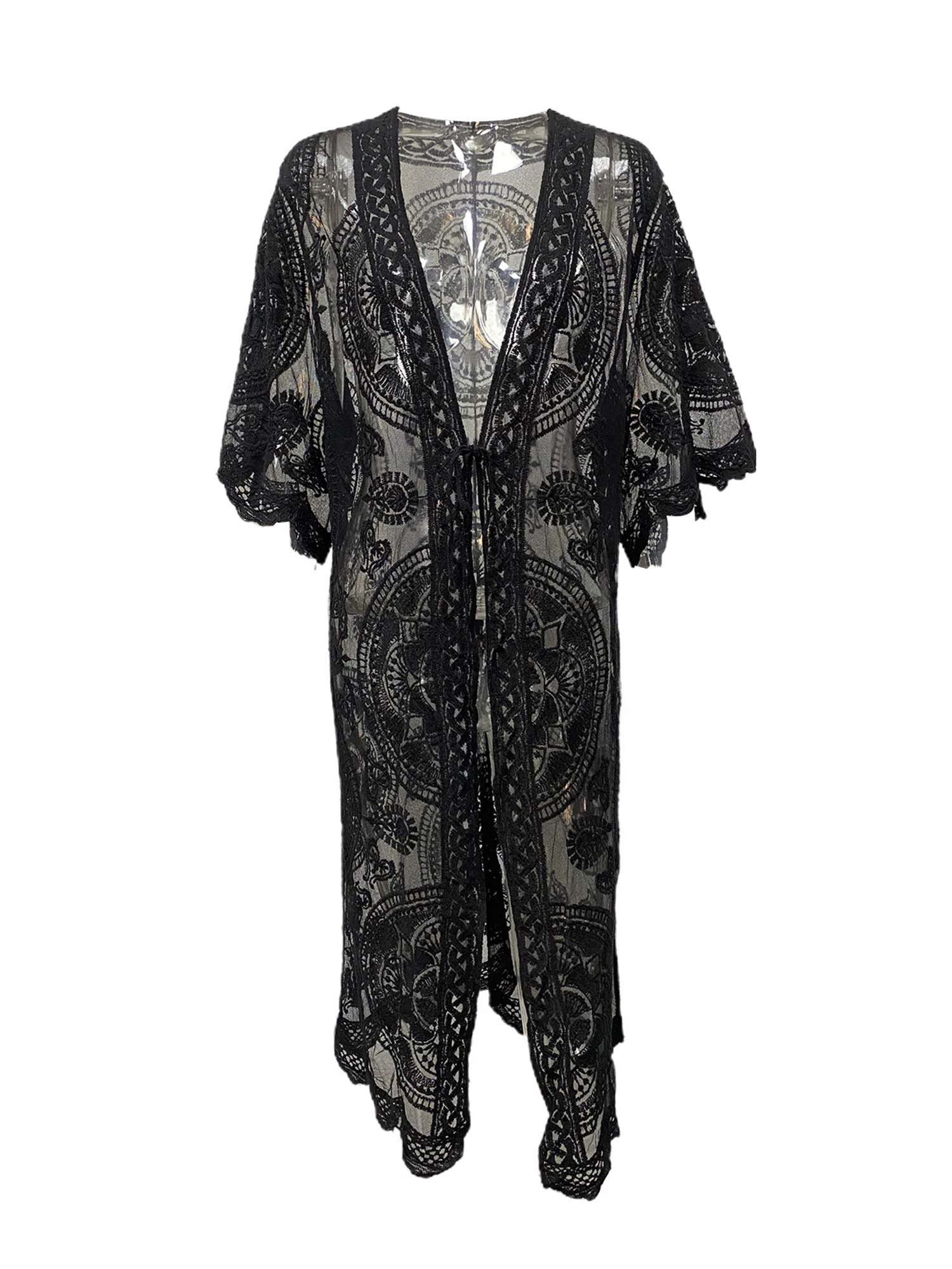 Women Lace Floral Bikini Cover Ups V Neck Hollow Out Swimwear Tunic Beach Dress Summer Beachwear (W-Black, One Size)