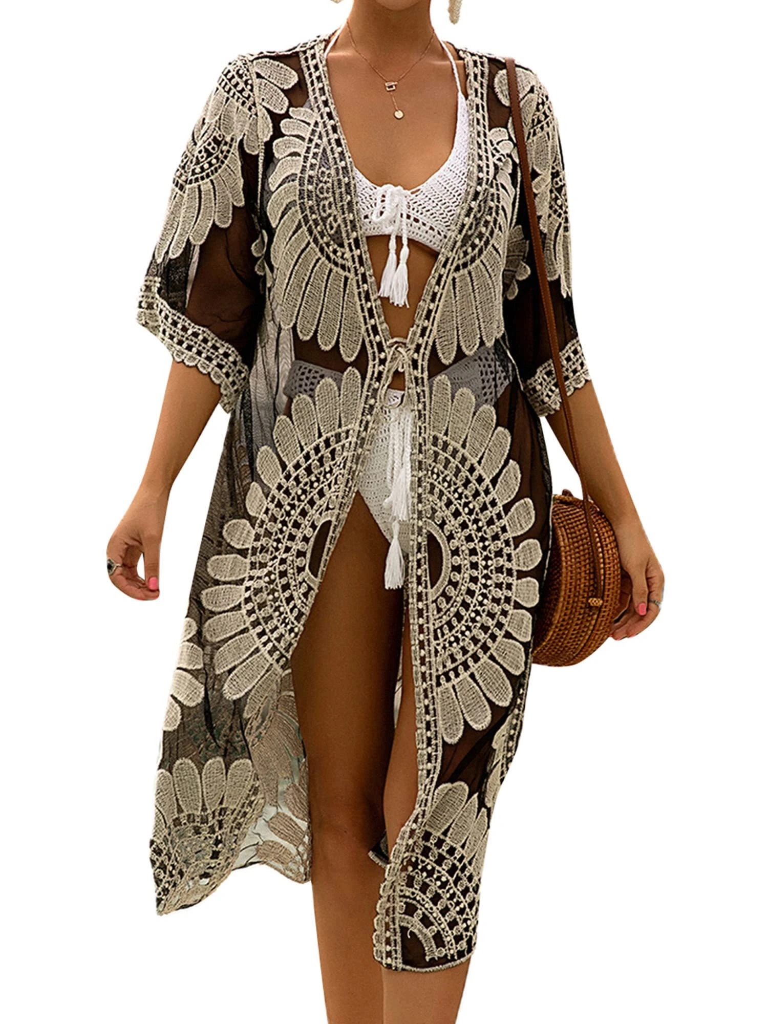 Women Lace Floral Bikini Cover Ups V Neck Hollow Out Swimwear Tunic Beach Dress Summer Beachwear (Z-Black, One Size)