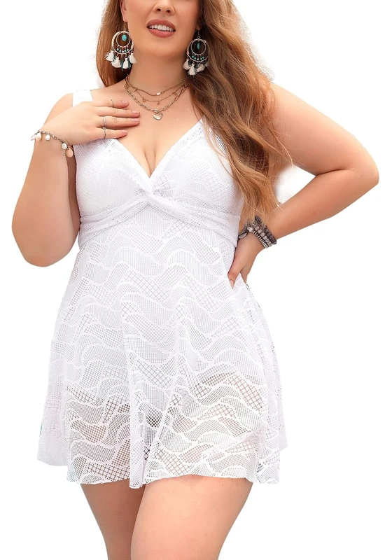ECUPPER Womens One Piece Plus Size Swimdress Skirted Swimsuit Lace Swimwear Swimming Costume Dress with Briefs White 3XL