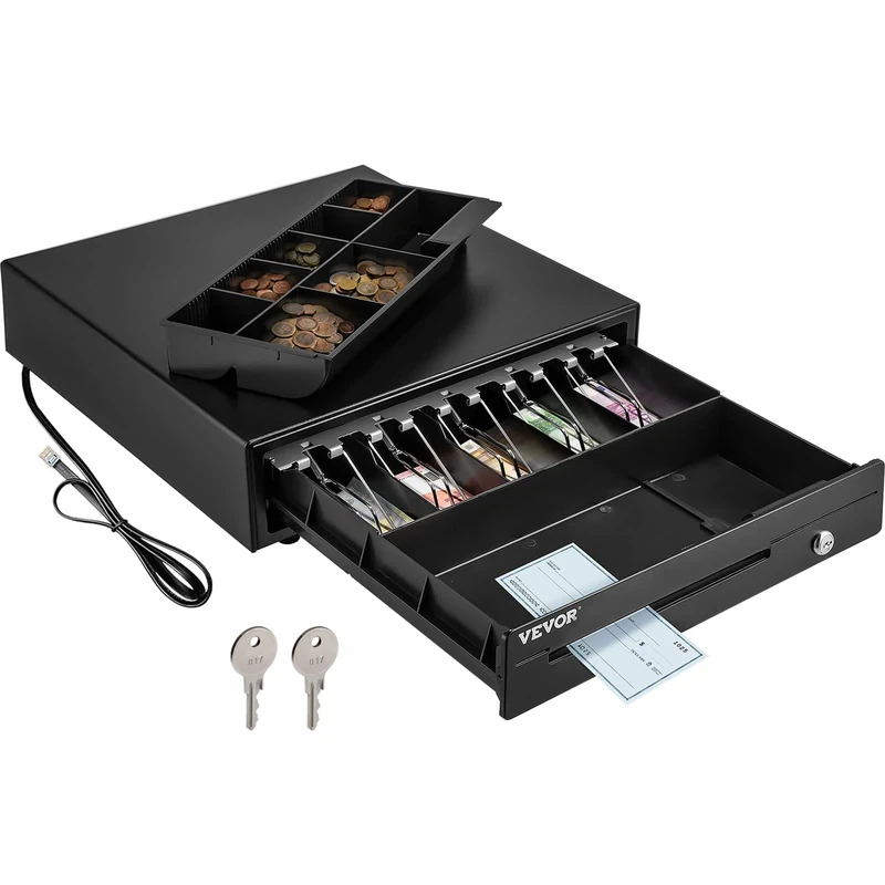 VEVOR Cash Register Drawer, 16" 12 V, for POS System with 5 Bill 8 Coin Cash Tray, Movable Coin Compartment & 2 Keys Included, RJ11/RJ12 Cable for Supermarket, Bar, Coffee Shop, Restaurant (USD Only)