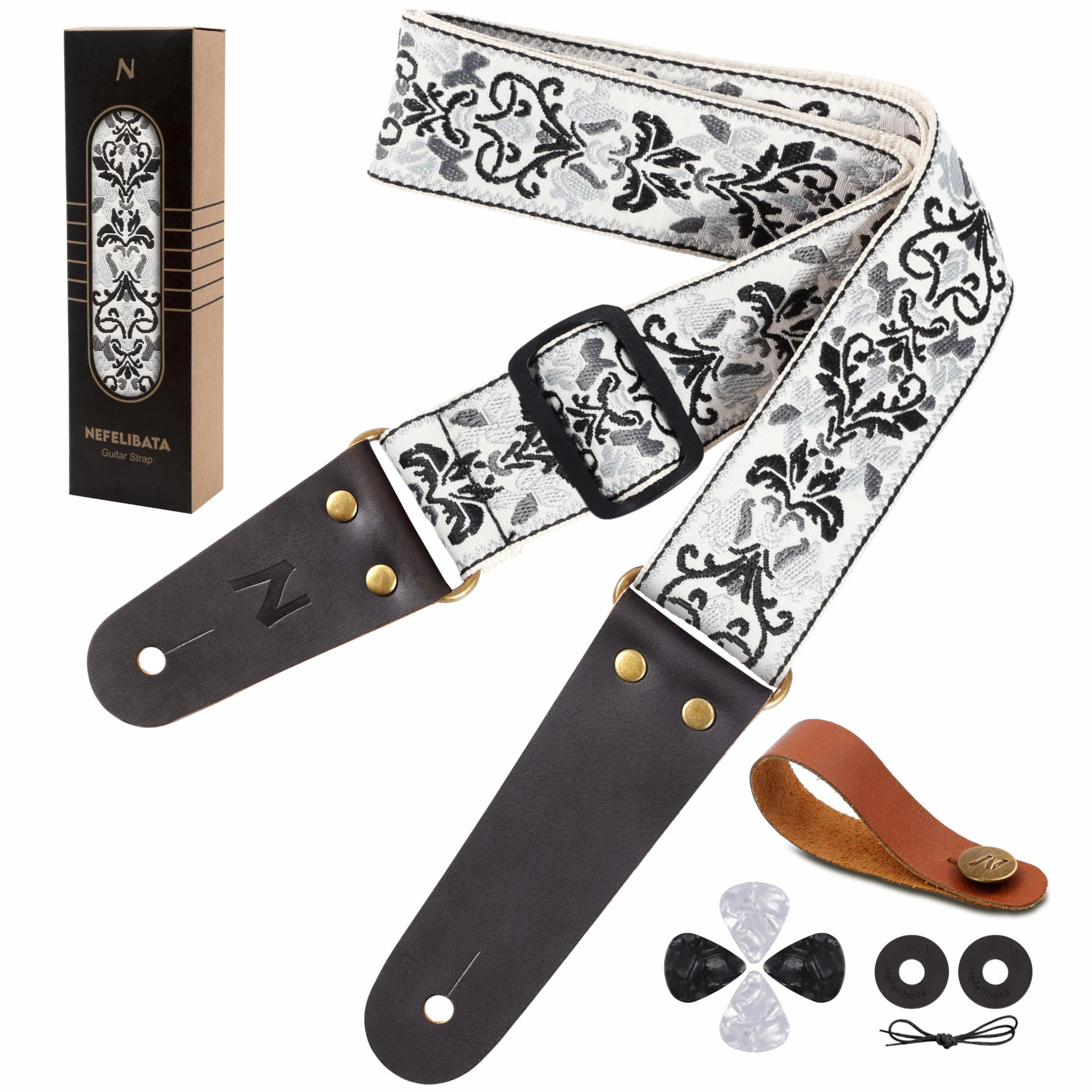 Nefelibata Guitar Strap, Vintage Embroidered Cotton Guitar Straps with Genuine Leather Ends for Bass, Electric & Acoustic Guitars, Come with Free Strap Button, 1 Pair Strap Locks and 4 Guitar Picks
