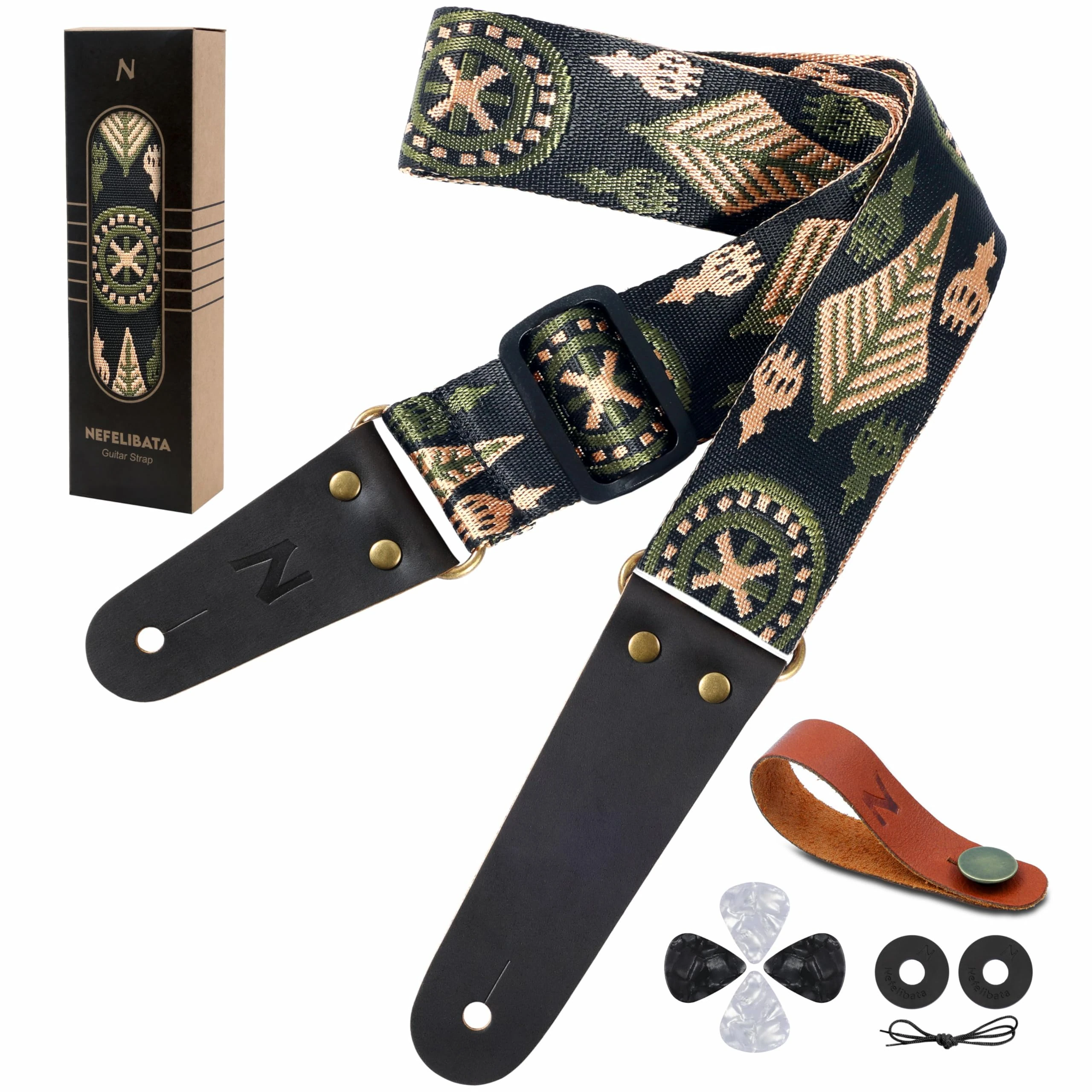 Nefelibata Guitar Strap - Vintage Guitar Straps with Genuine Leather Ends for Bass, Electric & Acoustic Guitar, Best Gifts for Kids, Men & Women