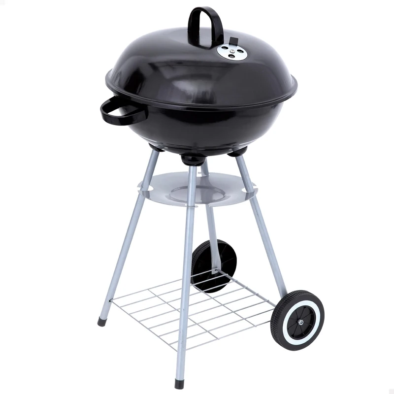 AKTIVE Mobile Charcoal Grill, Metal, Round, Diameter 46 x 89 cm, with Lid and Ventilation Grille, Double Grill with Grate, 2 Wheels for Easy Transport, Charcoal Grills, BBQ (52971)