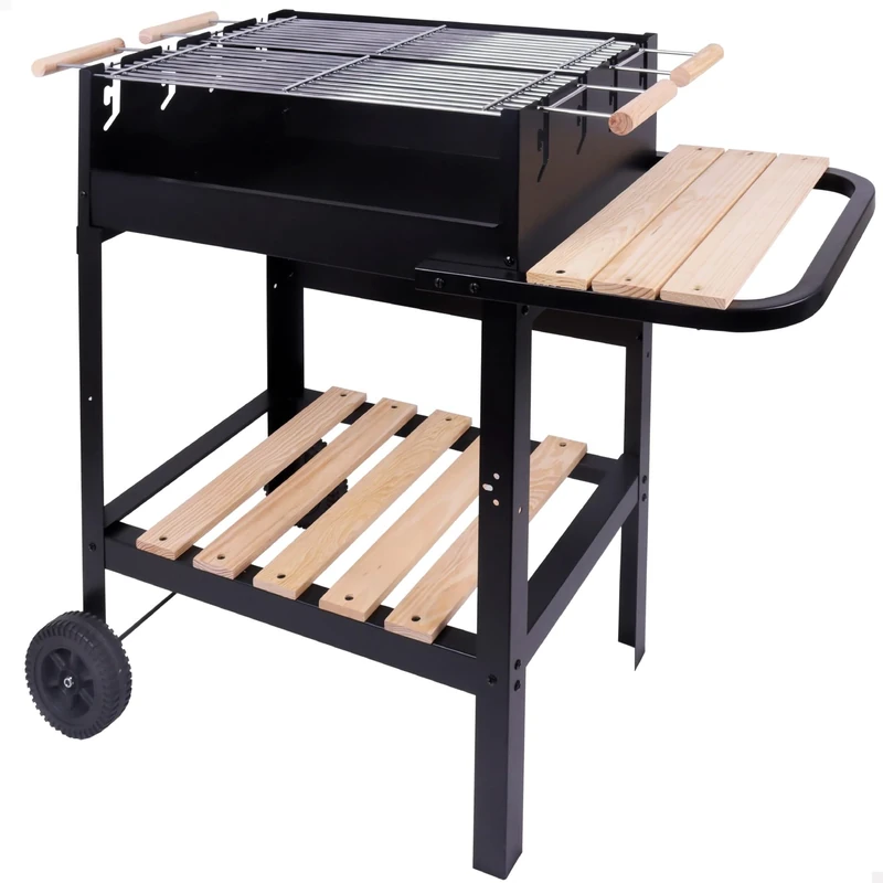 AKTIVE Portable charcoal barbecue with double grill, Metal, 100.5 x 40 x 88.5 cm, 3 adjustable heights, 2 wheels for easy transport, Enamelled metal and wood finishes, Charcoal barbecues (52975)