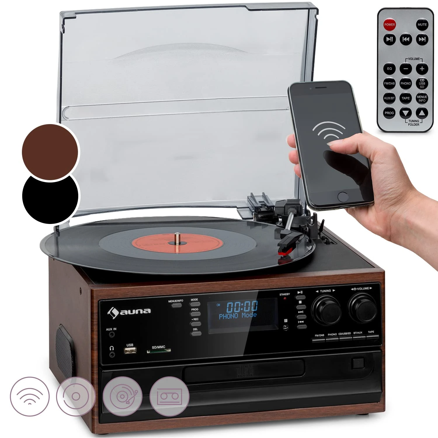 Auna Vinyl Record Player with Speakers, Home Audio System, Retro Vintage Bluetooth Turntable, AUX, Stereo