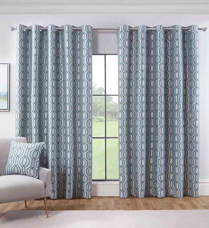 Sundour Dakota Green Geometric Fully Lined Eyelet Curtain Pair 66x90