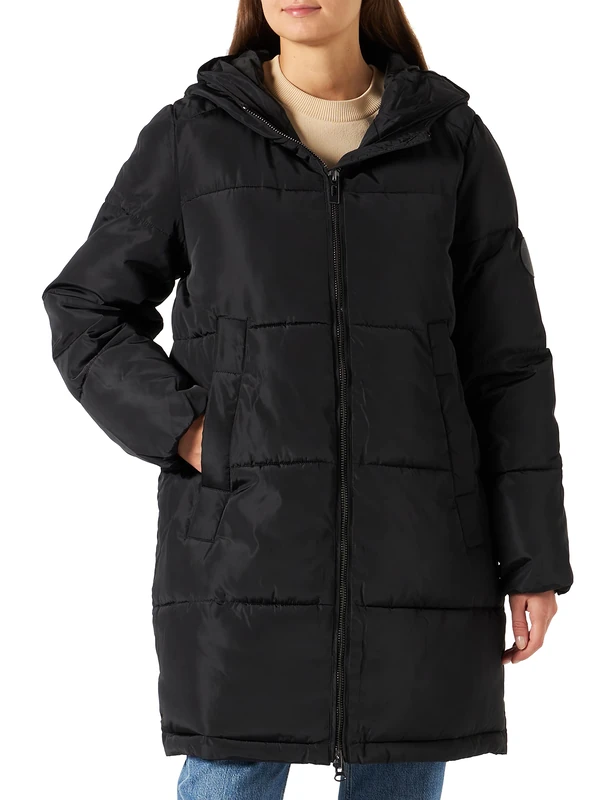 Kaffe Women's Puffer Coat Padded Jacket Longline Hooded Zip Long Sleeves, Black Deep, UK 18