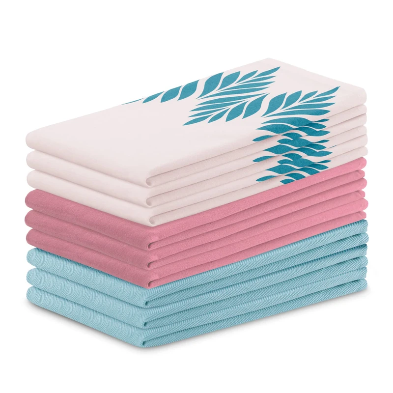 AmeliaHome Set of 9 tea towels, cotton, kitchen towels, 50 x 70 cm, leaf pattern, Letty pink, turquoise - Image 1