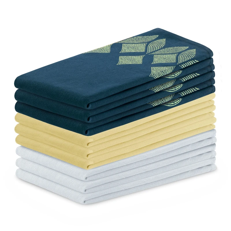 AmeliaHome Set of 9 tea towels, cotton kitchen towels, 50 x 70 cm, geometric pattern, Letty, light blue, dark blue, yellow