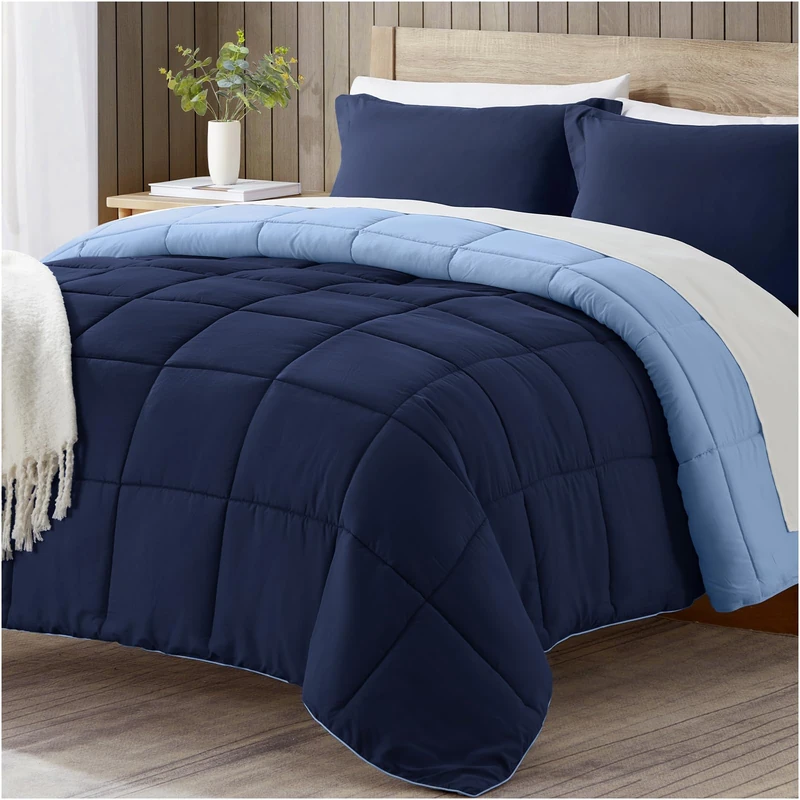satisomnia California King Bettwäsche-Set Blau, leicht und wendbar, 3-teiliges Bett-Set Cal King,2 Kissenbezüge (Marineblau/Blau)