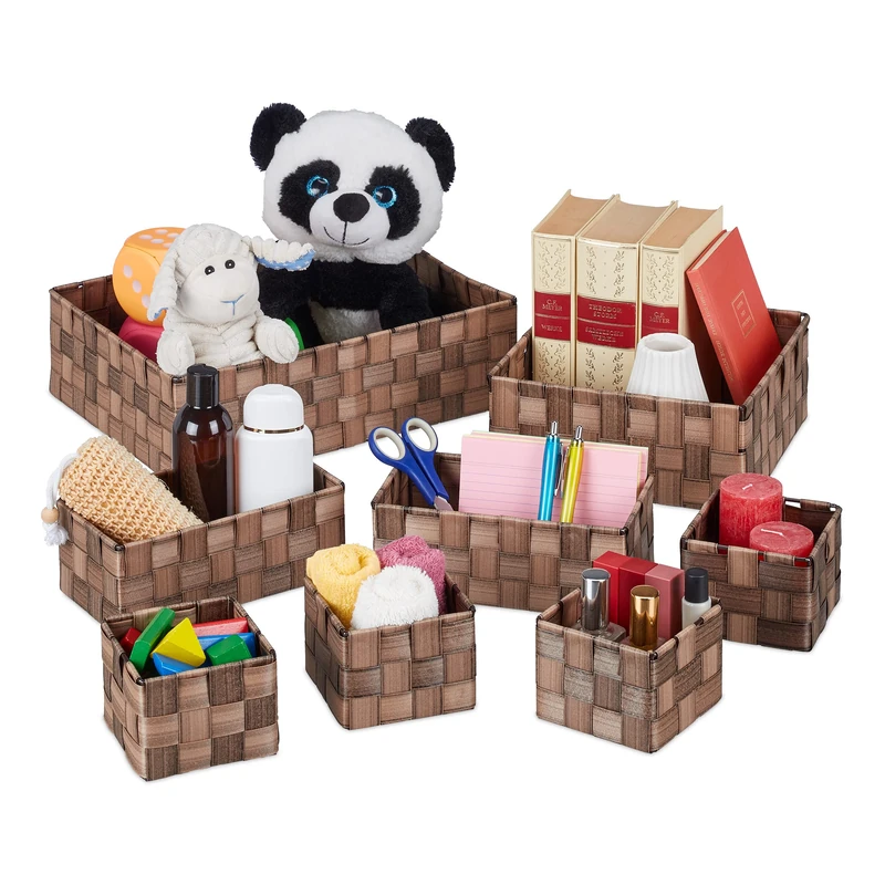Relaxdays 8 Storage Baskets Set, 4 Sizes, Wooden Look, Woven, for Wardrobe & Shelves, Plastic, 10.5x35.5x26 cm, Brown