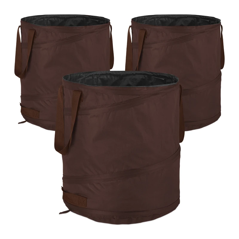 Relaxdays Pop-Up Garden Waste Bags, Set of 3, 85 L, Outdoor Refuse Sacks, 3 Handles, UV-Resistant, Waterproof, Brown