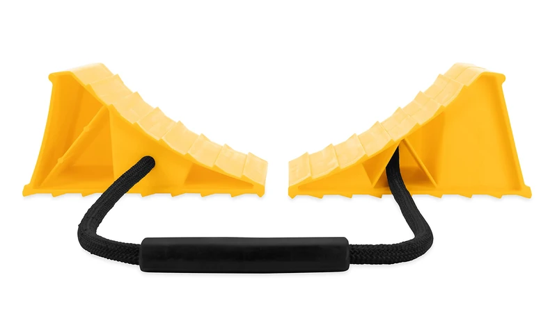 Camco RV Double Wheel Chock with Rope | Keep Your Trailer in-Place While Parked | Fits Tires up to 26-inches in Diameter | Yellow (44470)