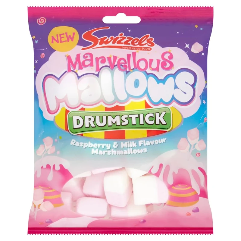Swizzels Marvellous Mallows, Drumstick Raspberry & Milk Flavour Marshmallows, 125g Single Bag Marshmallow Sweets