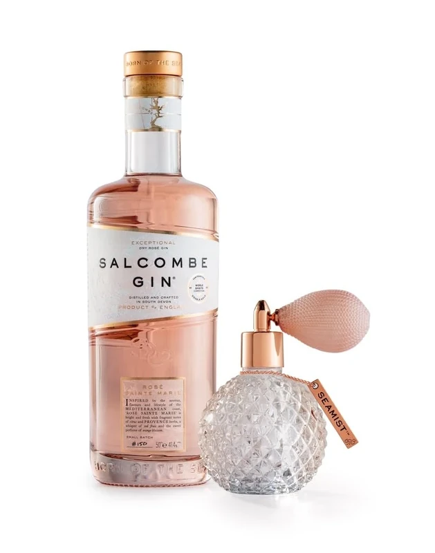 Salcombe Gin Pink Gin Gift Set | 'Seamist and Rosé Sainte Marie' Liquid Garnish in White Gift Box | 50cl + 10cl Glass Spray Bottle and Copper Tag | Made in Devon