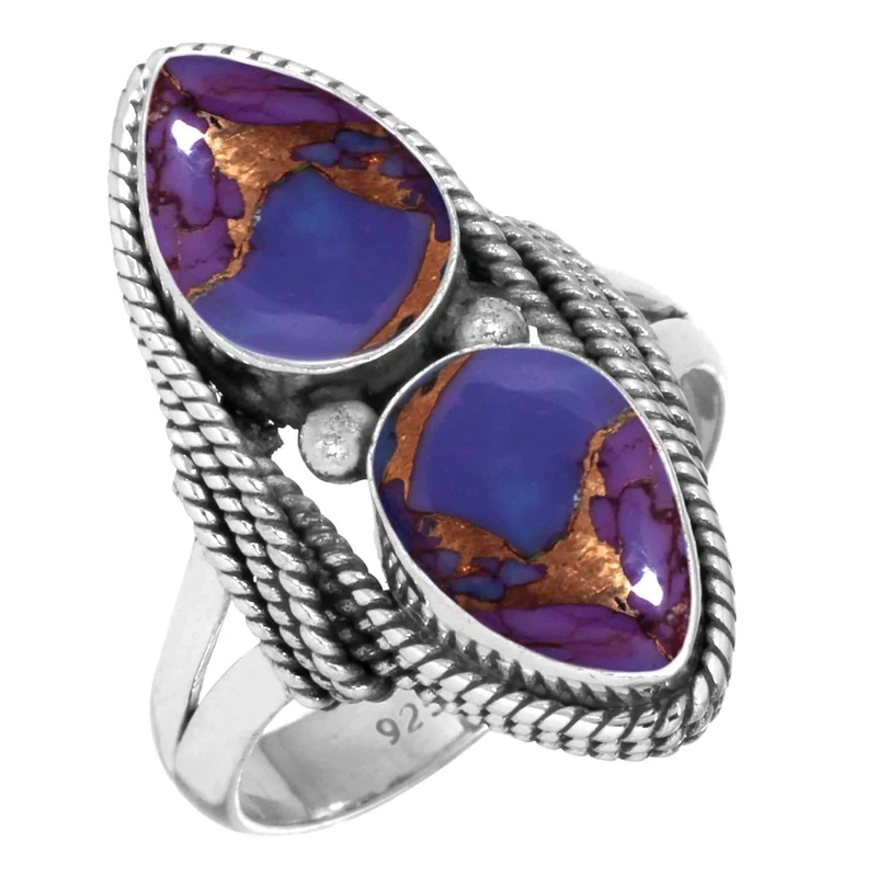 Jeweloporium Copper Purple Turquoise Silver Ring Size O, 925 Sterling Silver Ring for Women, Pear Stone Boho Jewellery