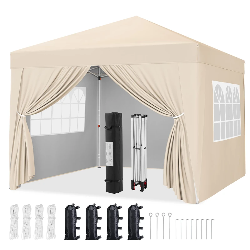 Yaheetech Pop-Up Gazebo 3x3m with 4 Removable Side Panels, Silver-costed Oxford Marquee Canopy with Wheeled Bag & Sandbags, Metal Frame Shelter Tent for Outdoor Garden Party Camping, Beige