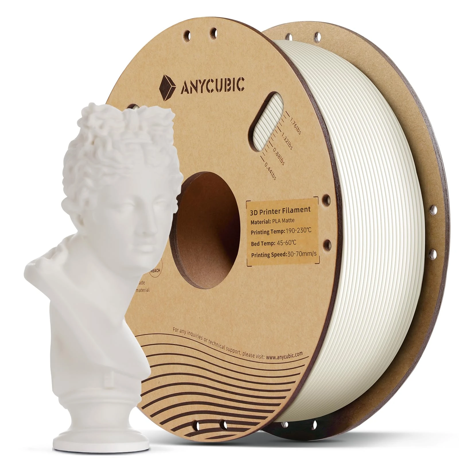 ANYCUBIC Matte PLA Filament 1.75mm, White PLA Matte for 3D Printing Materials,1kg Spool (2.2lbs), Dimensional Accuracy +/- 0.02 mm