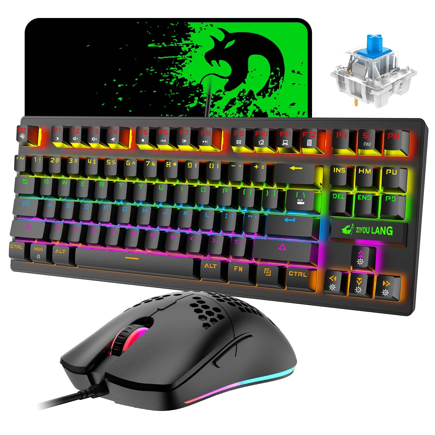 Black Mechanical Keyboard and Mouse Combo 87 Keys Ergonomics Gaming Keyboard, Wired RGB Gaming Light Mice,Spill-Resistant, Rainbow LED Backlit, Multimedia Button for PC and Laptop Xbox, QWERTY Layout
