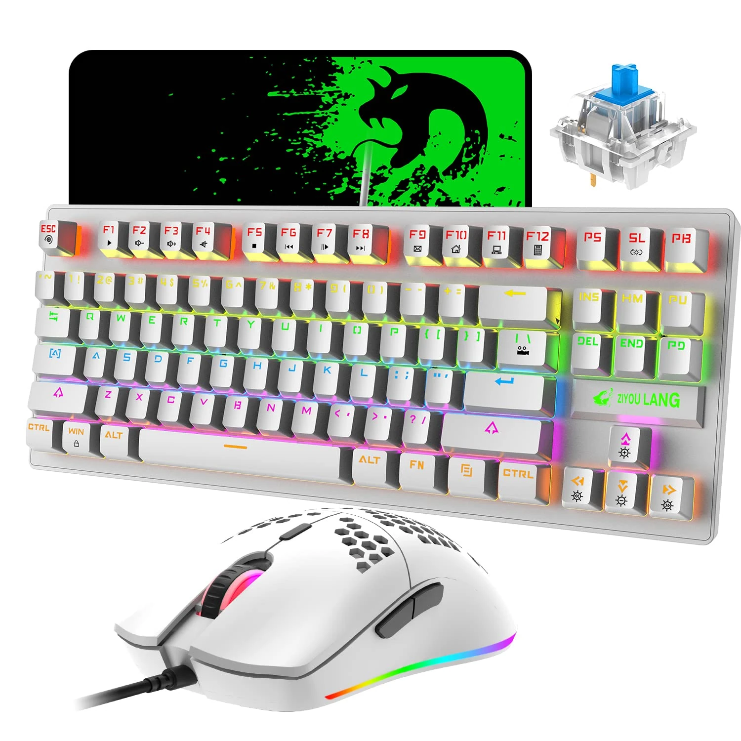 White Mechanical Keyboard and Mouse Combo 87 Keys Ergonomics Gaming Keyboard, Wired RGB Gaming Light Mice,Spill-Resistant, Rainbow LED Backlit, Multimedia Button for PC and Laptop Xbox, QWERTY Layout