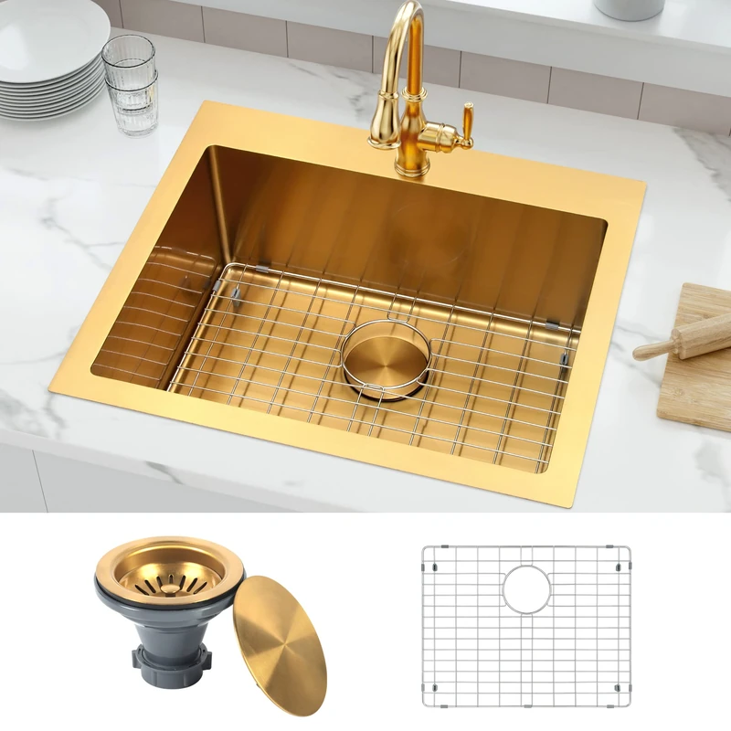 MONSINTA Gold Drop in Kitchen Sink 25” X 22”, 25 Inch Top Mount 16 Guage T-304S Stainless Steel Kitchen Sinks, 10 Inch Deep Single Bowl Laundry Sink with Accessories