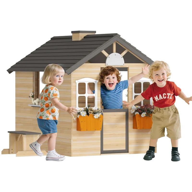 Outsunny Wooden Playhouse for Kids Outdoor Wendy House with Door, windows, Bench, Service Stations, Flowerpot Holder, For Ages 3-7 Years