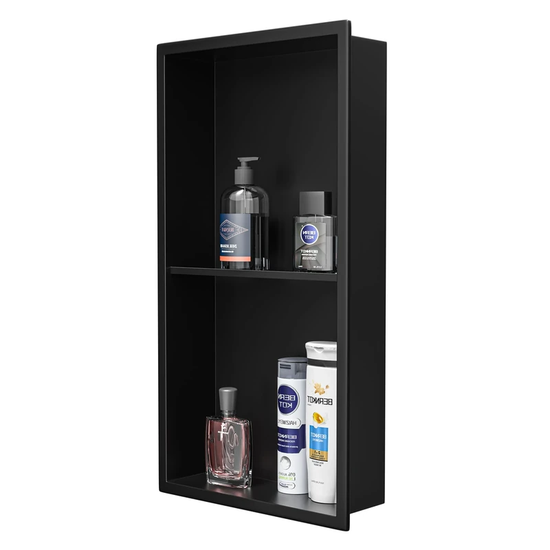 Bernkot Stainless Steel Shower Niche 24" X 12" Matte Black No Tile Needed Wall Niche Double Shelves Recessed Shower Shelf for Bathroom Storage