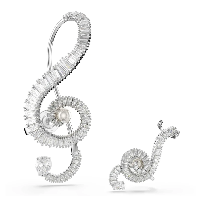 Swarovski x Ariana Grande Clip Earrings, Music Motif with Clear Baguette-Cut Crystals and Crystal Pearls in a Rhodium-Finished Setting, Part of the Ariana Grande x Swarovski Capsule Collection