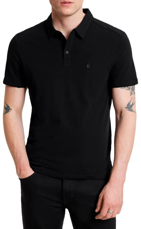 John Varvatos Men's Victor Short Sleeve Slub Cottom Polo with Peace Sign Embroidery Shirt, Black, XL - Image 1