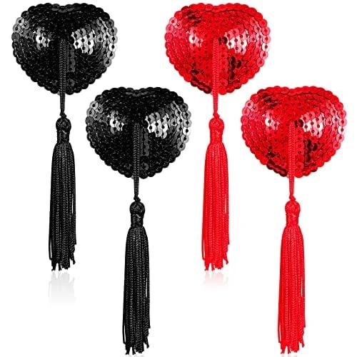 Xinjieda Reusable Adhesive Nipple Covers, Heart-Shaped Silicone Pasties with Tassels, 2 Pairs (red+black)