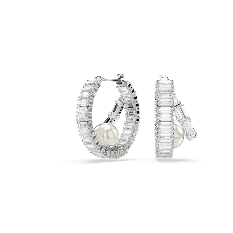 Swarovski x Ariana Grande Hoop Earrings, Clear Baguette-Cut Crystals and Crystal Pearls in a Rhodium-Finished Setting, Part of the Ariana Grande x Swarovski Capsule Collection