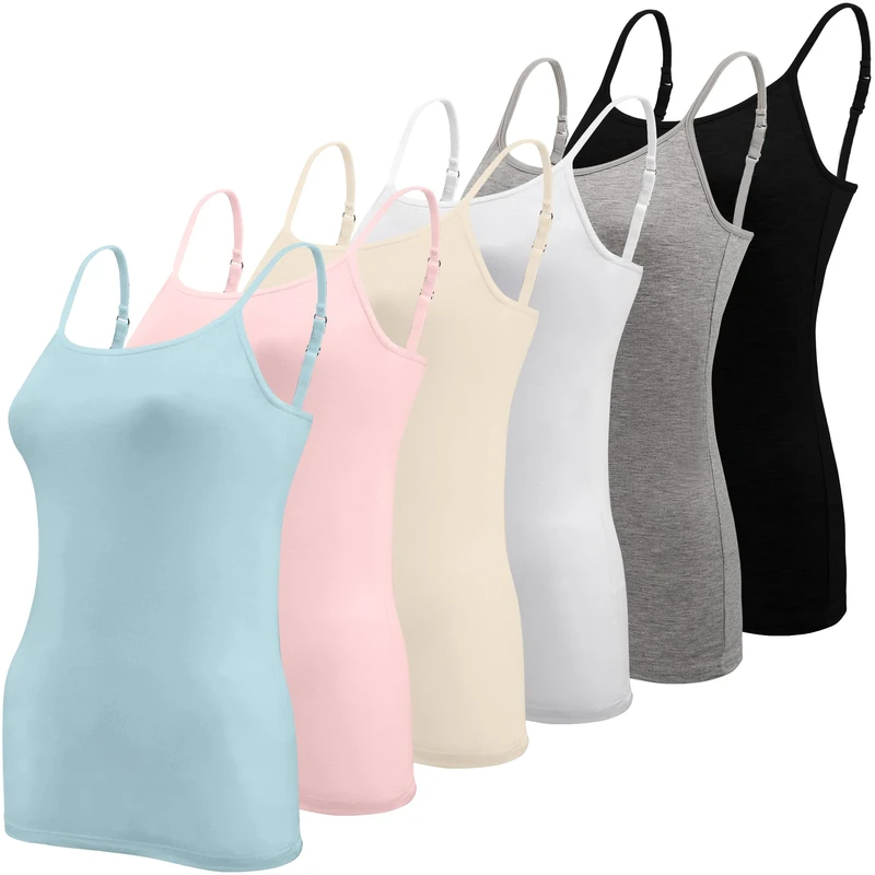 BQTQ 6 Pieces Basic Camisole Adjustable Strap Vest Top for Women and Girl, Black, White, Grey, Sky Blue, Pink, Beige, XL