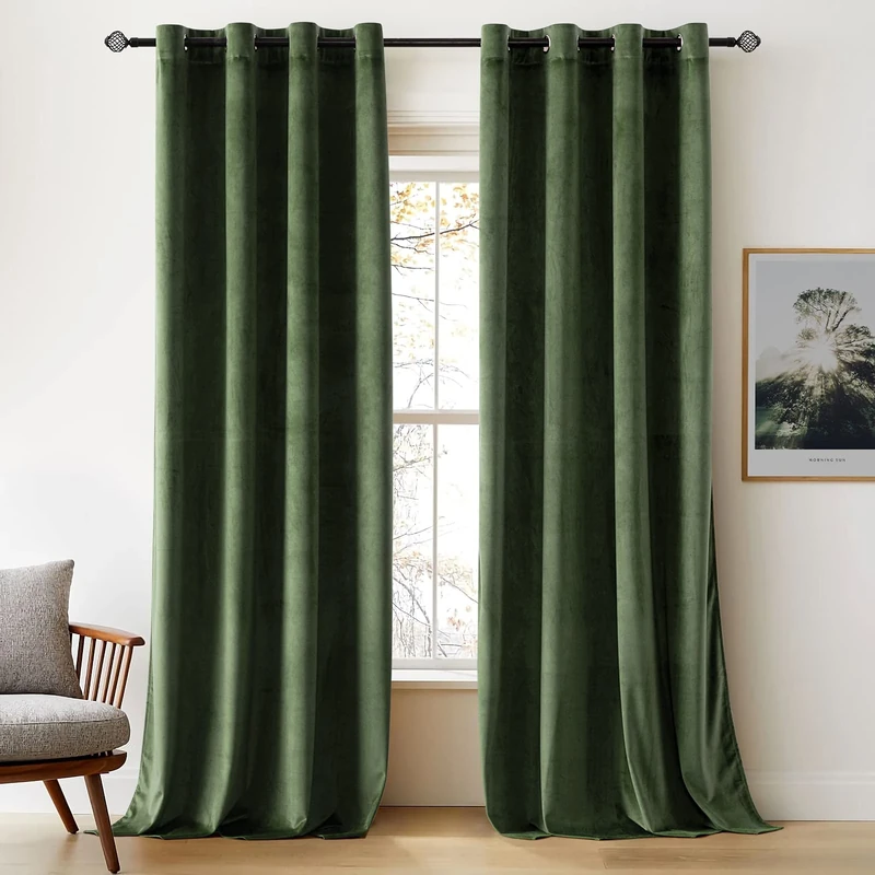 Woaboy Super Soft Velvet Blackout Curtains for Living Room Luxury Eyelet Drapes for Home Decoration Bedroom Window Treatment for Thermal Insulated & Room Darkening W 55 x L 110 Olive Green 2 Panles