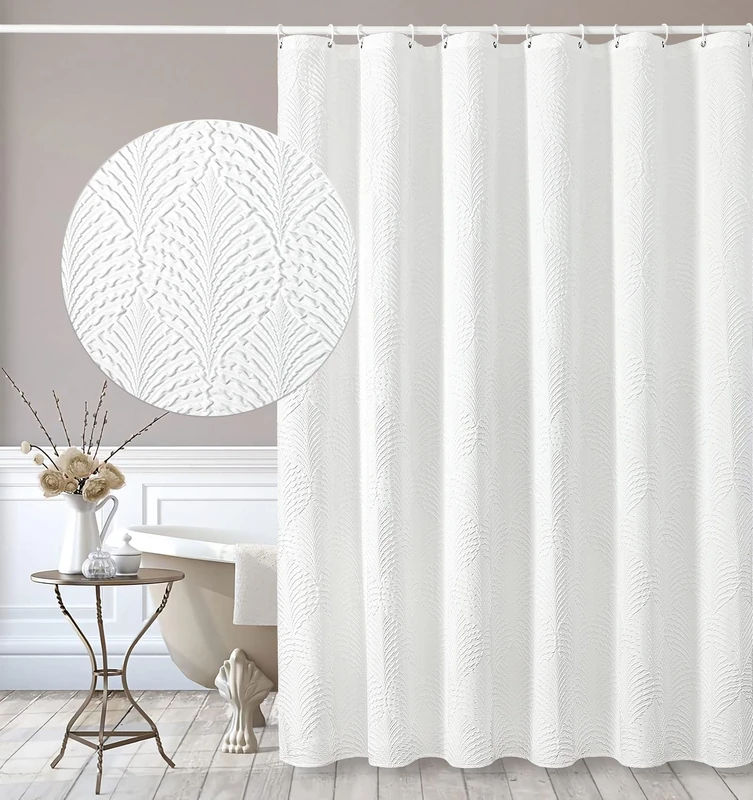 Gibelle Extra Long Shower Curtain 72 x 84, Tall 3D Embossed Textured White Fabric Shower Curtain for Bathroom, Modern Farmhouse Boho Ruffle Like Decorative Shower Curtain Set with Hooks