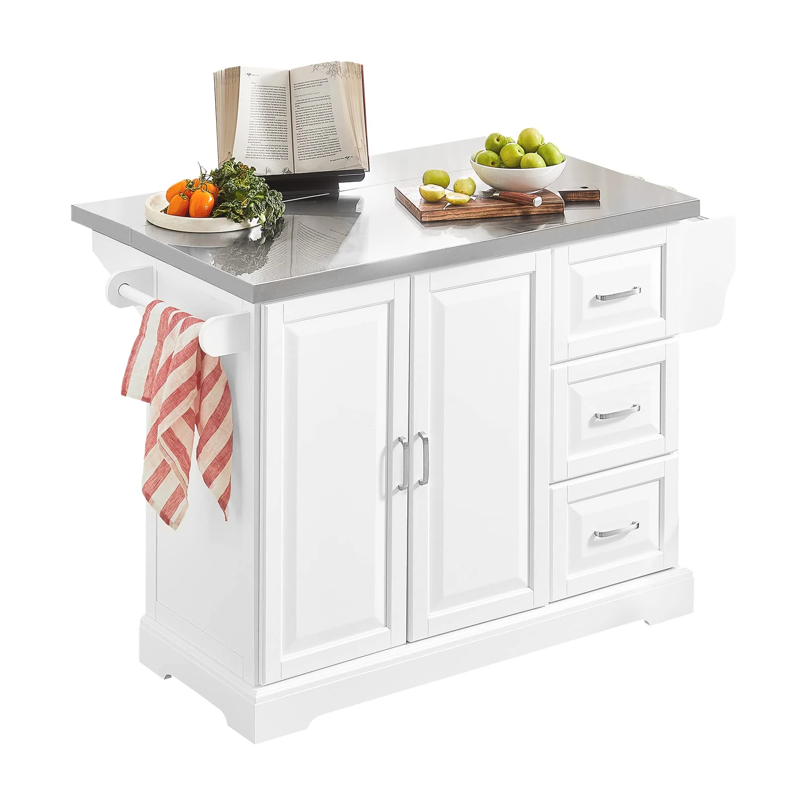 SoBuy Extendable Kitchen Island on Wheels Rolling Storage Trolley with Stainless Steel Worktop Storage Cabinet Sideboard Perfect for Kitchen Organisation W130 x D46/71 x H91cm White FKW41-ST