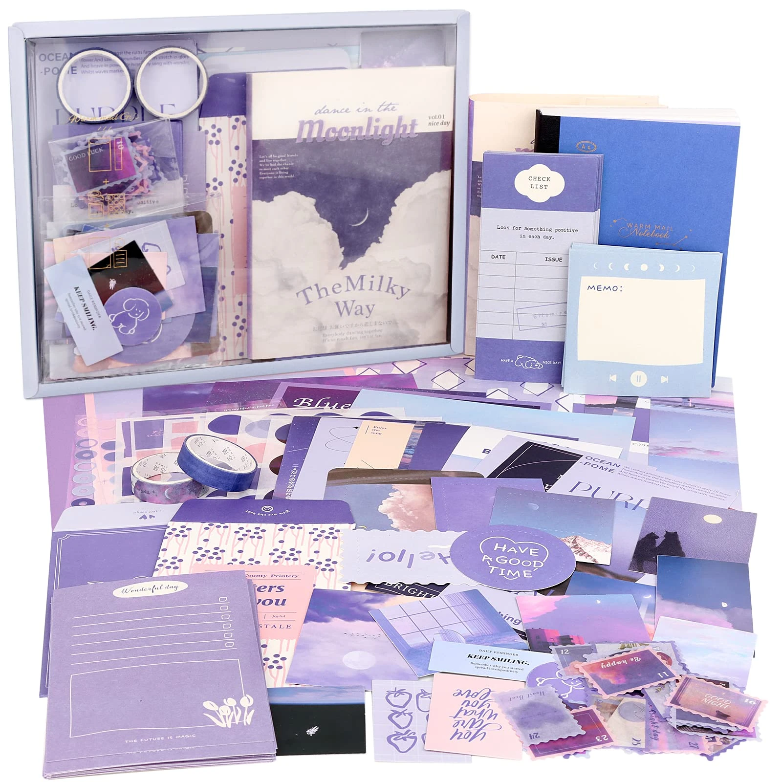 Draupnir Aesthetic Scrapbook Kit(348pcs), Bullet Junk Journal Kit with Journaling/Scrapbooking Supplies, Stationery,A6 Grid Notebook with Graph Ruled Pages DIY Scrapbook Gift for Girl Kid - Moonlight