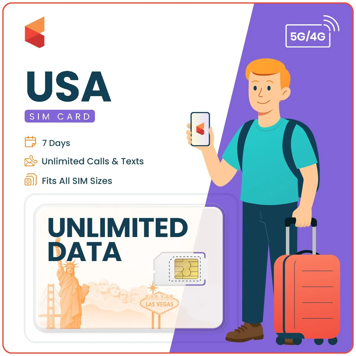 SimCorner USA Travel SIM – 7 Days Unlimited 5G/4G Data | 3-in-1 (Standard/Micro/Nano) | Calls & Texts to US & Hawaii | T-Mobile Prepaid