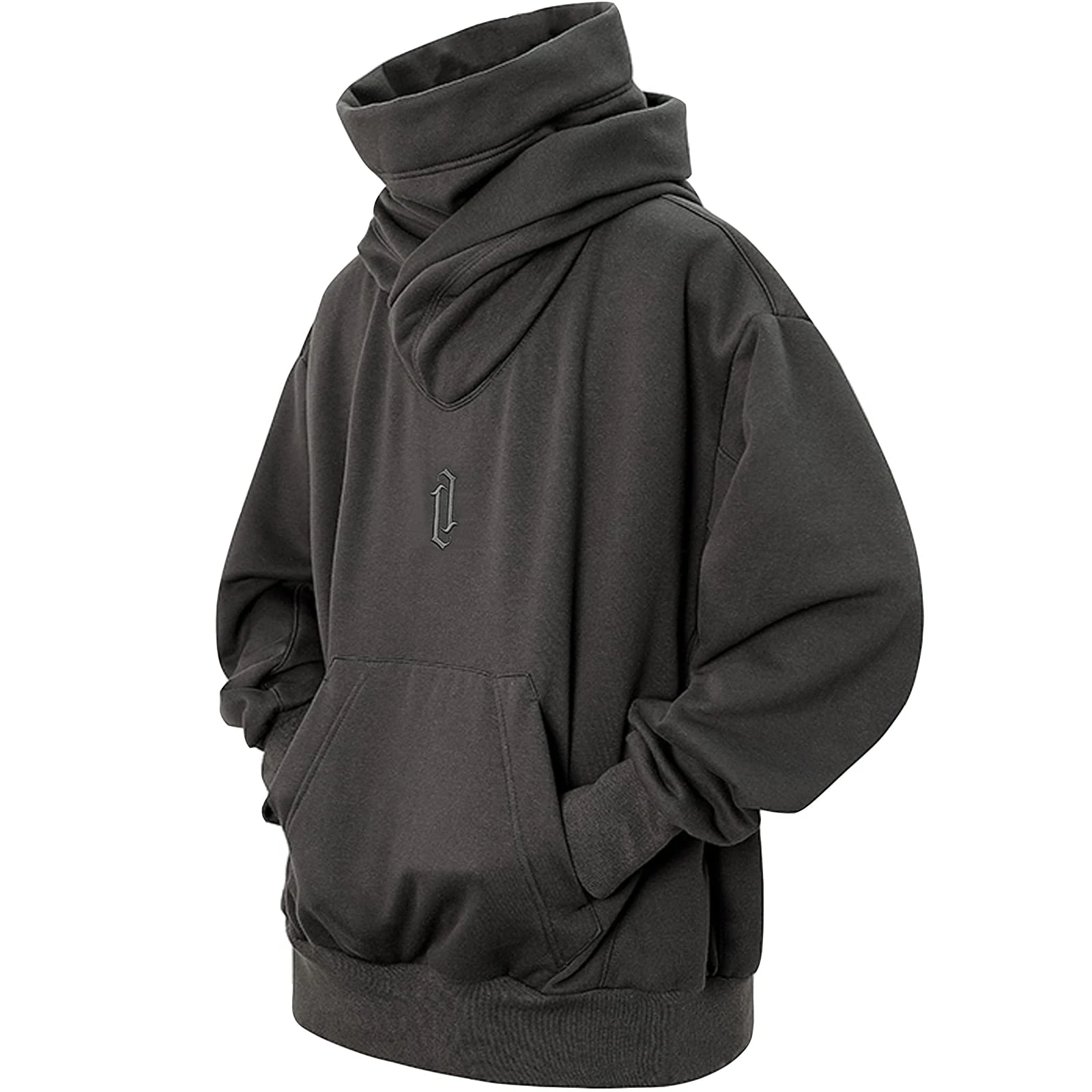 Eocicvvi Hoodies for Men Cowl Neck Hoodie Fleece Pullover Sweat Hood Long Sleeve Sweatshirt Casual Pullover Fall Winter Loose Fit Tops with Embroidery(Grey,M)