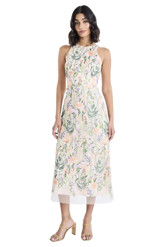 Maggy London Women's Floral Embroidered Halter Midi Dress with Back V-Neck, Red/Pink, 4