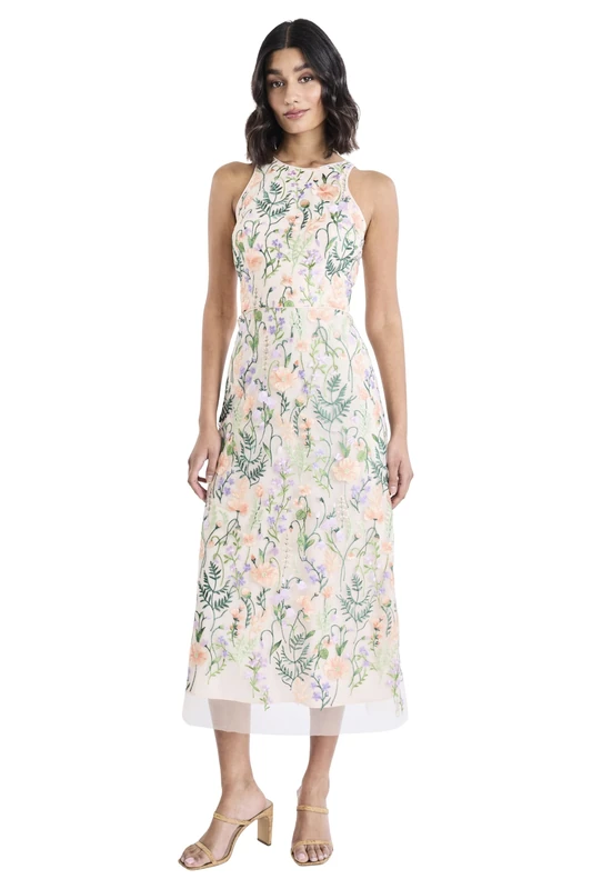 Maggy London Women's Floral Embroidered Halter Midi Dress with Back V-Neck, Red/Pink, 20