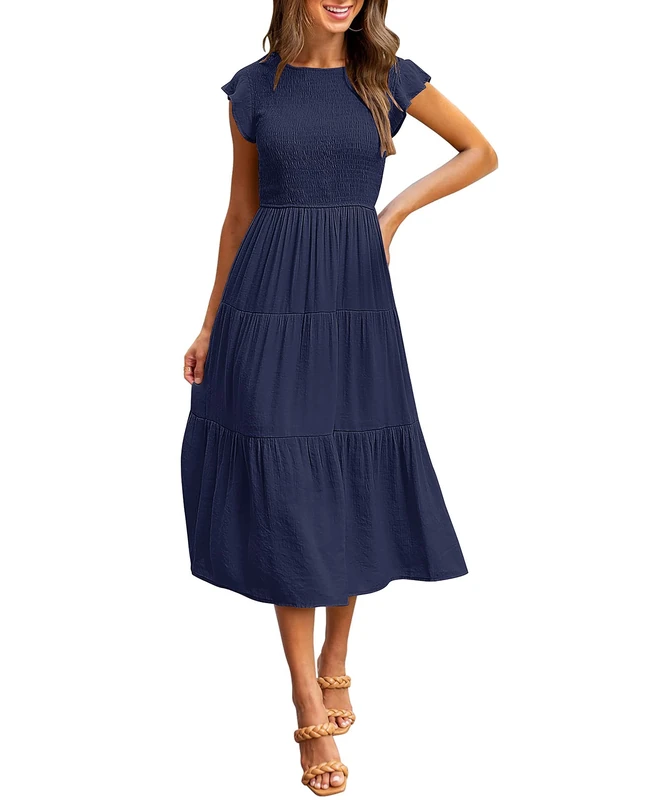 Merokeety Women's Flutter Short Sleeve Smocked Midi Dress Summer Casual Tiered A-Line Dress, Navy, Medium - Image 1