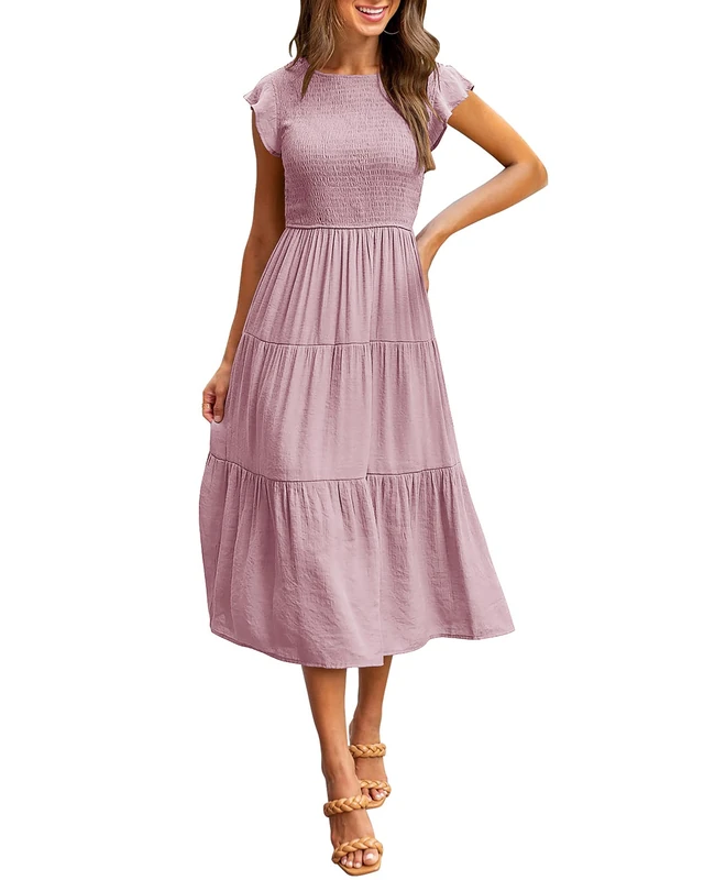 Merokeety Women's Flutter Short Sleeve Smocked Midi Dress Summer Casual Tiered A-Line Dress, DarkPink, Small