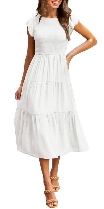 Merokeety Women's Flutter Short Sleeve Smocked Midi Dress Summer Casual Tiered A-Line Dress, White, Large